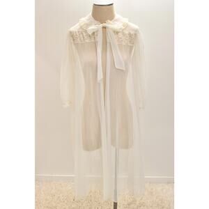 Vintage Radcliffe Peignoir S M Short Robe Sheer Chiffon Kitten Bow Puff Sleeve